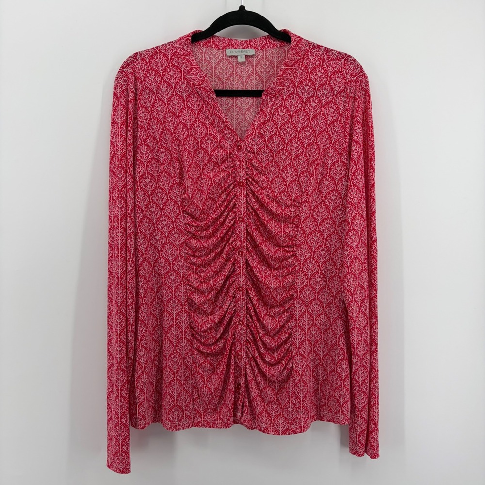 Downeast Womens Size XL Red White Botanical‎ Tree Print Ruched Button Front Top